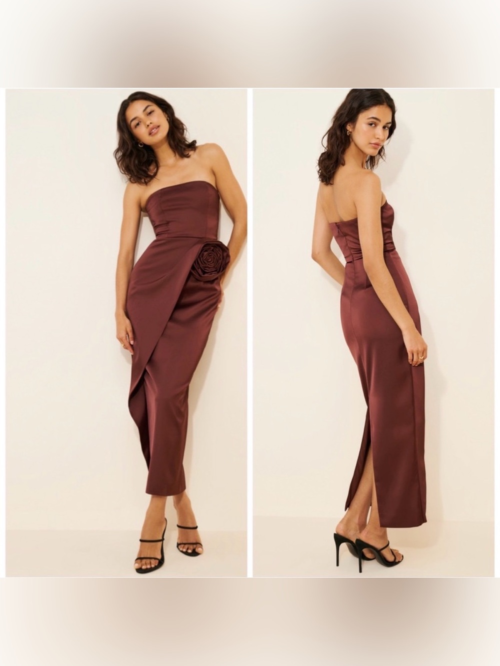 Ronny Kobo Pradova Strapless Dress Brown Floral Applique 3D Flower XL Maxi